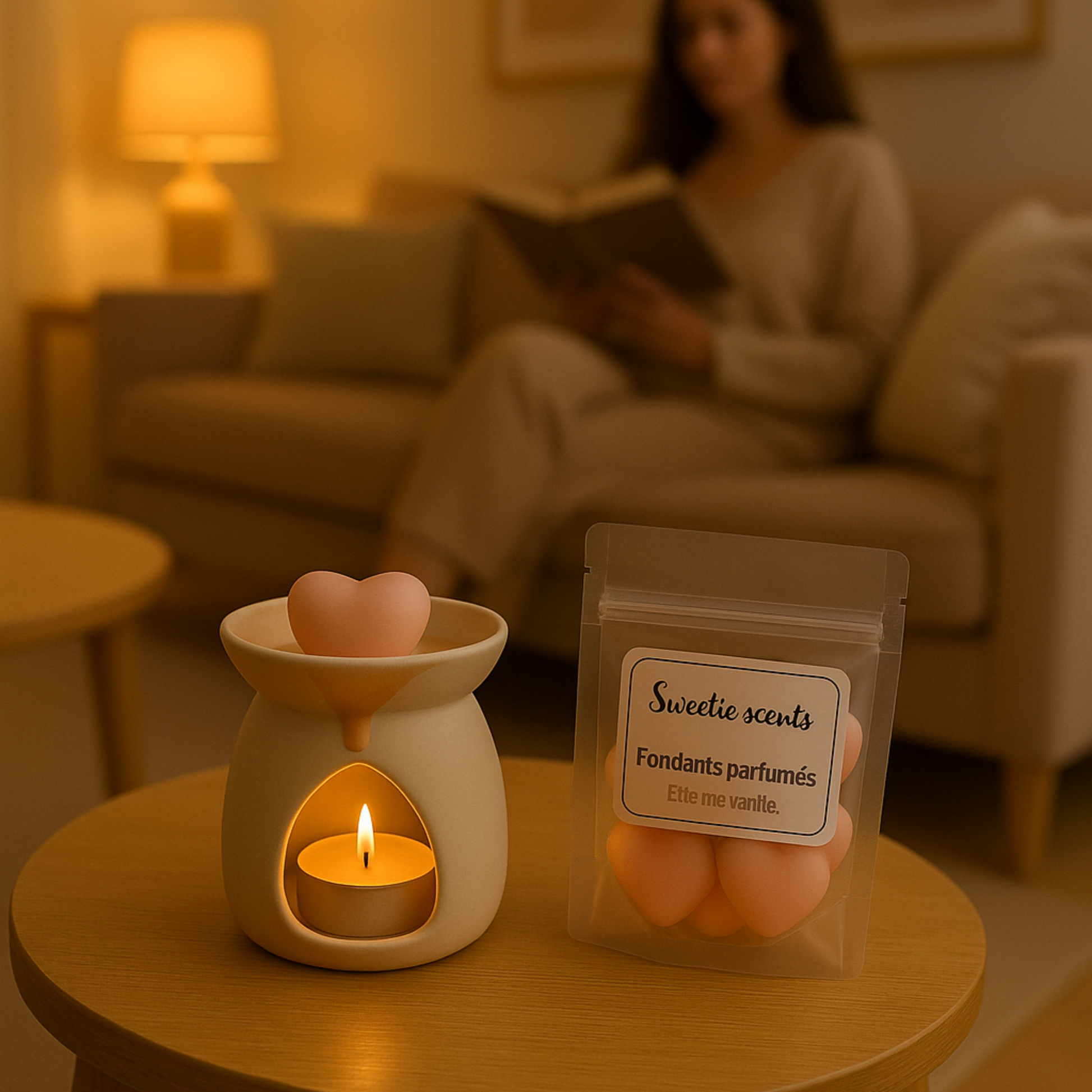 Fondant parfumé cœur Monoï vanillé en ambiance cosy et chaleureuse, diffusion longue – Sweetie Scent
